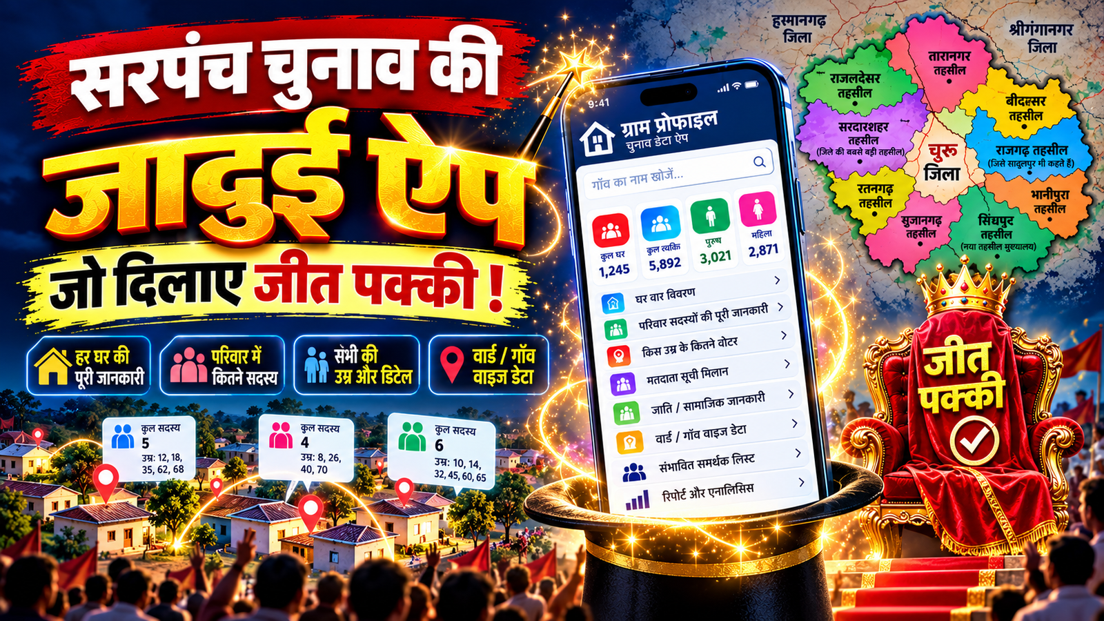 सरपंच चुनाव का जादुई ऐप | ग्राम प्रोफाइल, वोटर डेटा और चुनावी विश्लेषण